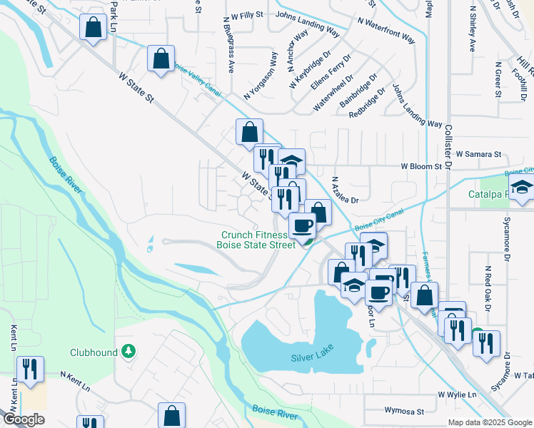 map of restaurants, bars, coffee shops, grocery stores, and more near 5605 West State Street in Garden City