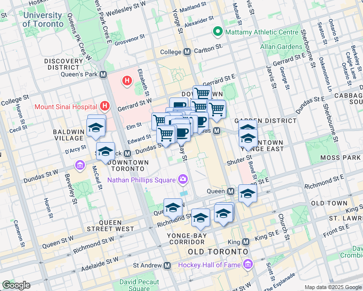map of restaurants, bars, coffee shops, grocery stores, and more near 570 Bay Street in Toronto