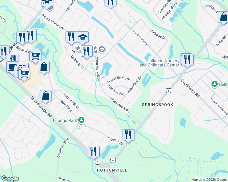 map of restaurants, bars, coffee shops, grocery stores, and more near 25 Franmar Road in Brampton
