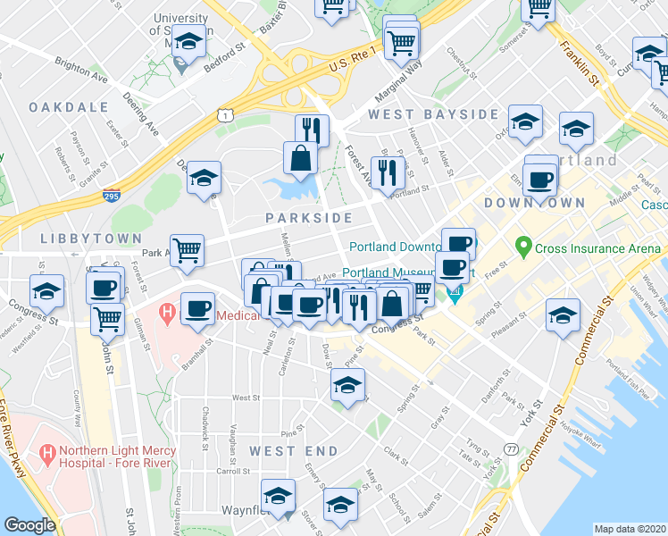 map of restaurants, bars, coffee shops, grocery stores, and more near 485 Cumberland Avenue in Portland