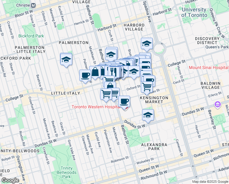 map of restaurants, bars, coffee shops, grocery stores, and more near 453 Bathurst Street in Toronto