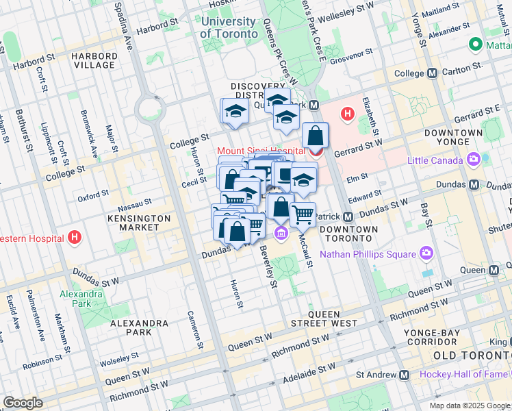 map of restaurants, bars, coffee shops, grocery stores, and more near 161 Beverley Street in Toronto