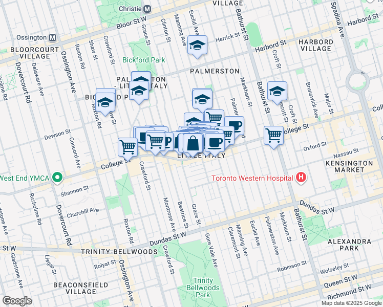 map of restaurants, bars, coffee shops, grocery stores, and more near 612 College Street in Toronto