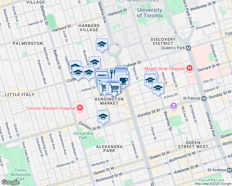 map of restaurants, bars, coffee shops, grocery stores, and more near 21 Nassau Street in Toronto