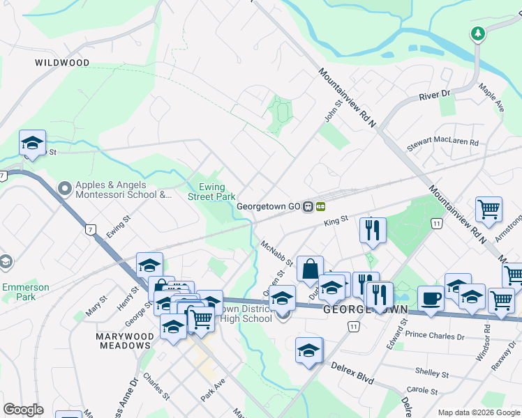 map of restaurants, bars, coffee shops, grocery stores, and more near 6 John Street in Halton Hills