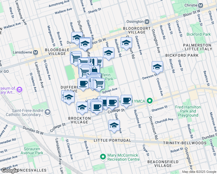 map of restaurants, bars, coffee shops, grocery stores, and more near Gladstone Avenue in Toronto