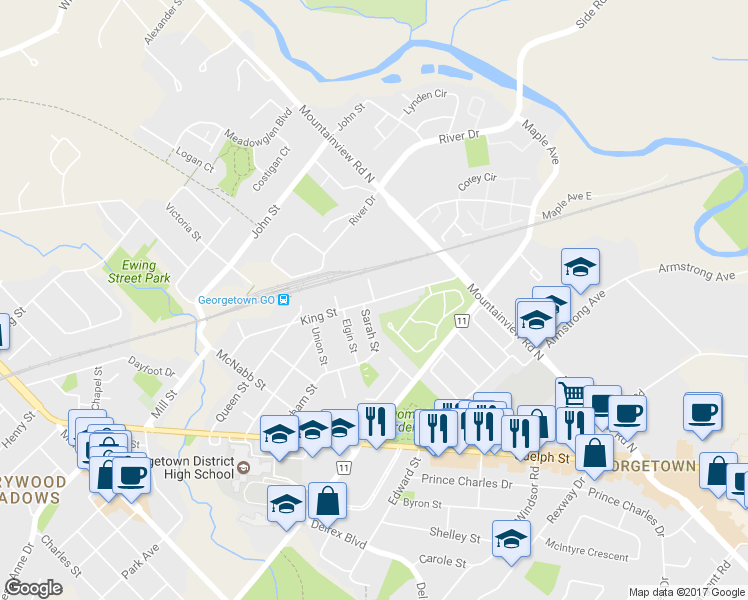 map of restaurants, bars, coffee shops, grocery stores, and more near 2 Lamb Street in Halton Hills