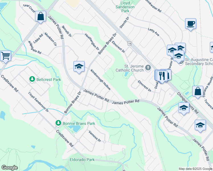 map of restaurants, bars, coffee shops, grocery stores, and more near 61 Kimborough Hollow in Brampton