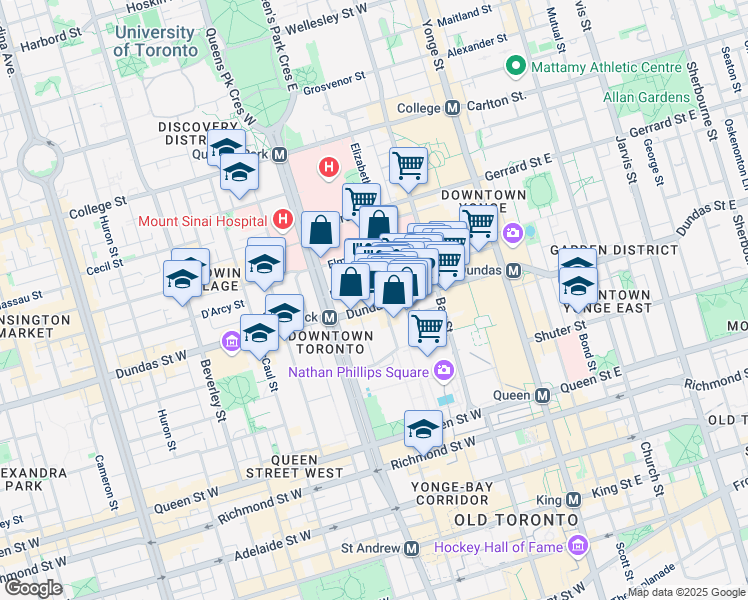 map of restaurants, bars, coffee shops, grocery stores, and more near 180 Dundas Street West in Toronto