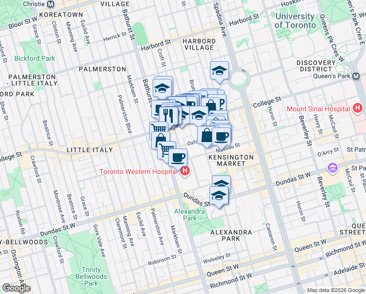 map of restaurants, bars, coffee shops, grocery stores, and more near 23 Lippincott Street in Toronto