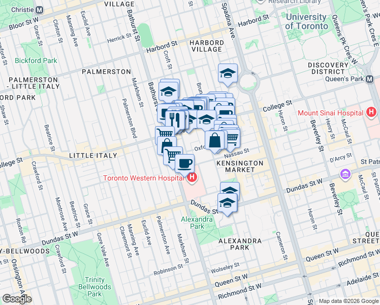 map of restaurants, bars, coffee shops, grocery stores, and more near 23 Lippincott Street in Toronto