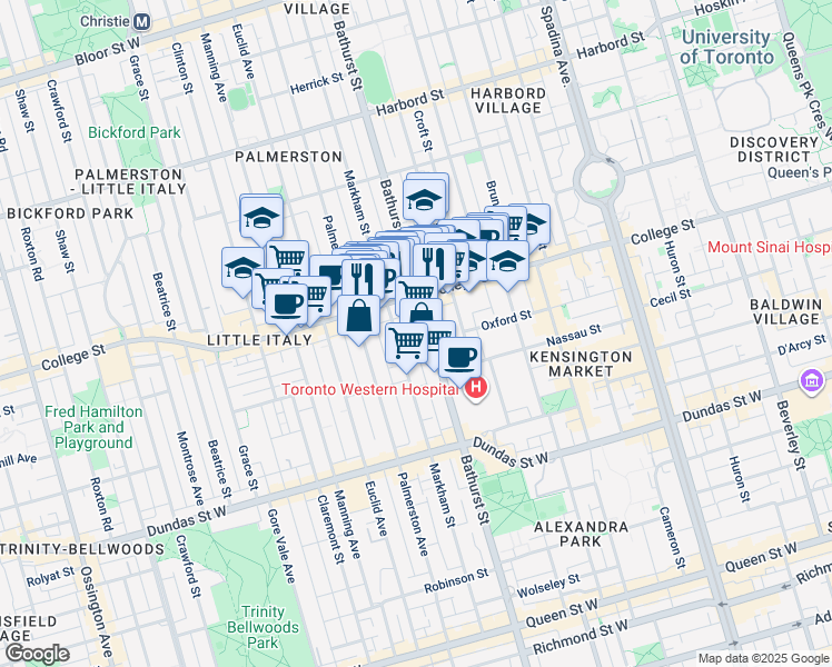 map of restaurants, bars, coffee shops, grocery stores, and more near in Toronto