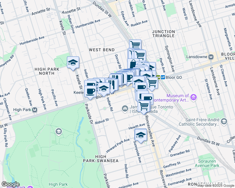 map of restaurants, bars, coffee shops, grocery stores, and more near 1639 Bloor Street West in Toronto