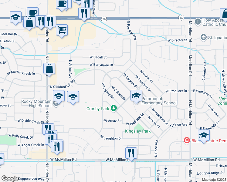 map of restaurants, bars, coffee shops, grocery stores, and more near 850 West Colbert Street in Meridian