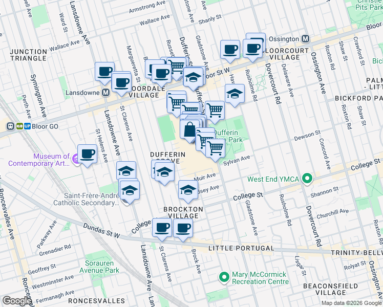 map of restaurants, bars, coffee shops, grocery stores, and more near 900 Dufferin Street in Toronto