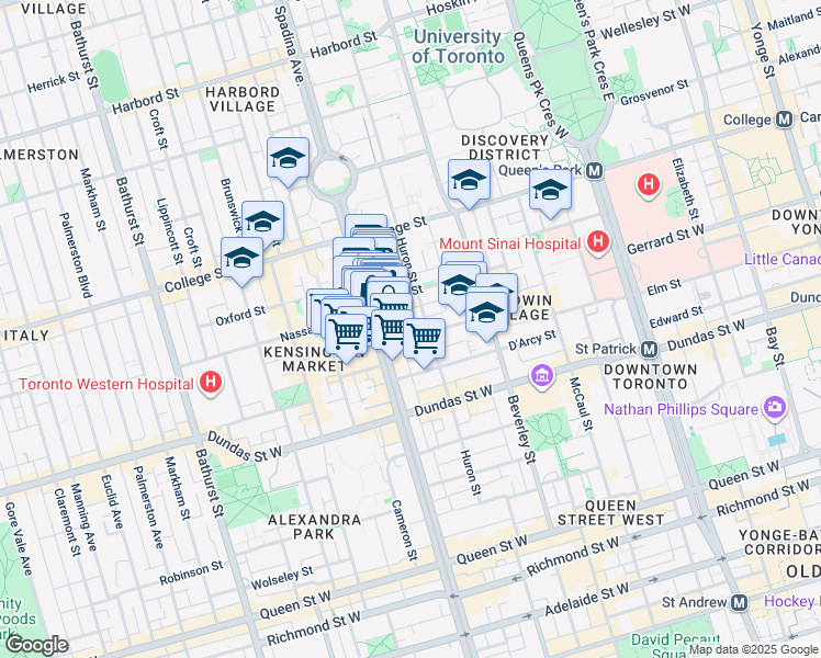 map of restaurants, bars, coffee shops, grocery stores, and more near 345 Spadina Avenue in Toronto