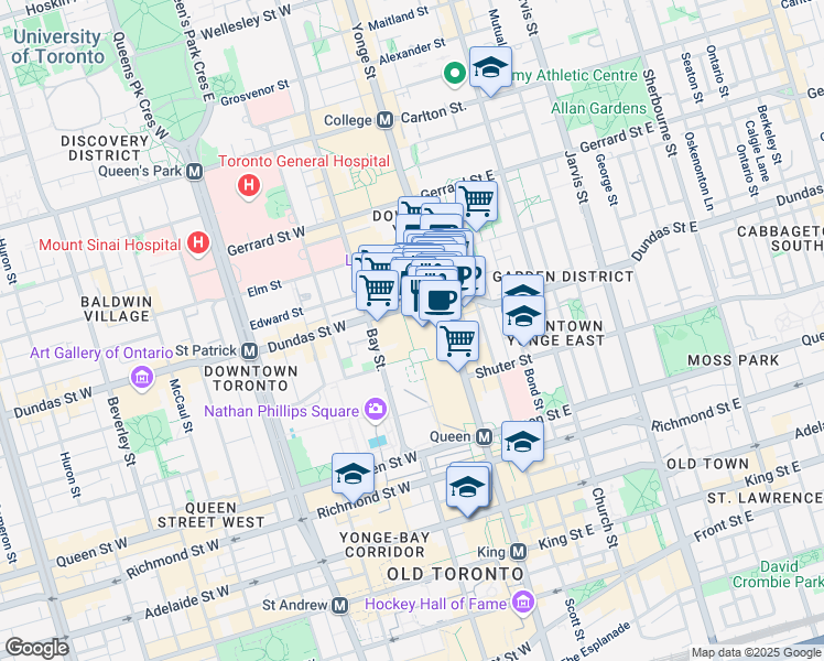 map of restaurants, bars, coffee shops, grocery stores, and more near 33 Dundas St W in Toronto
