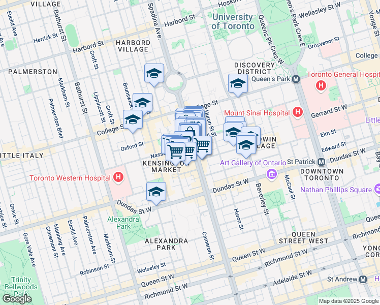 map of restaurants, bars, coffee shops, grocery stores, and more near in Toronto