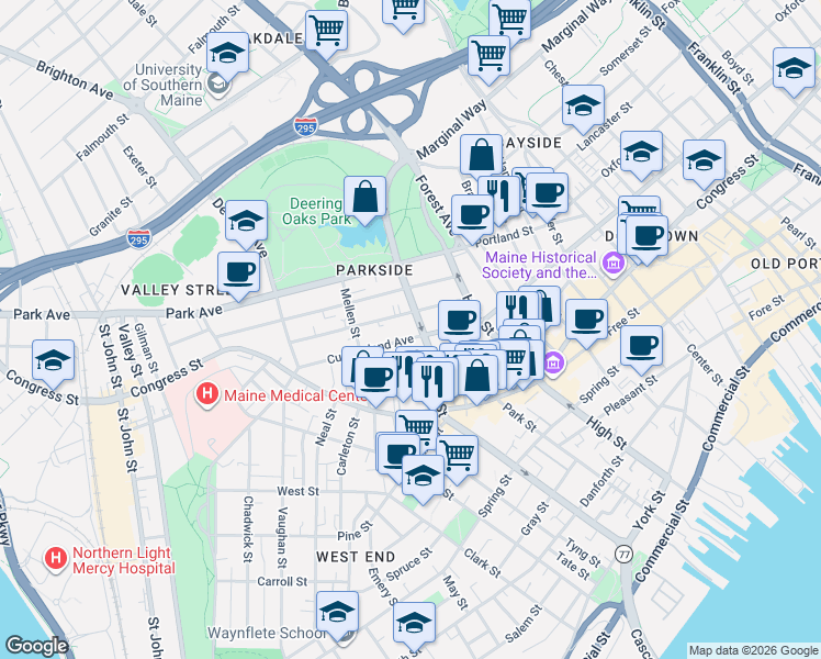 map of restaurants, bars, coffee shops, grocery stores, and more near 31 Sherman Street in Portland