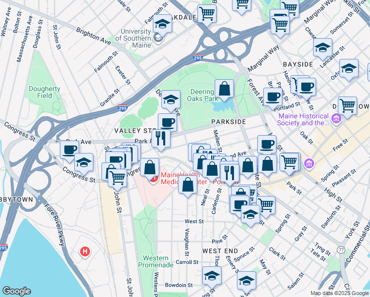 map of restaurants, bars, coffee shops, grocery stores, and more near 180 Park Street in Portland