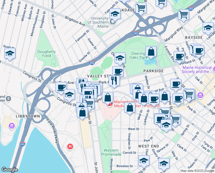 map of restaurants, bars, coffee shops, grocery stores, and more near 239 Park Avenue in Portland