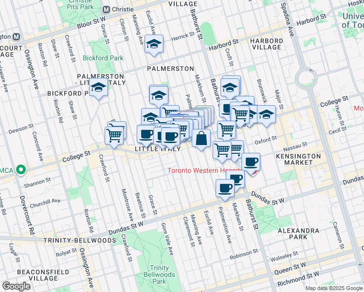 map of restaurants, bars, coffee shops, grocery stores, and more near in Toronto