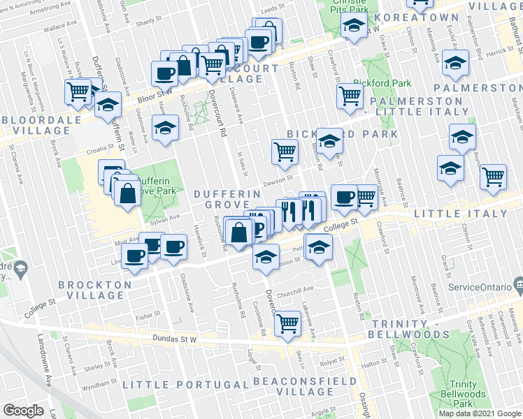 map of restaurants, bars, coffee shops, grocery stores, and more near 56 Delaware Avenue in Toronto