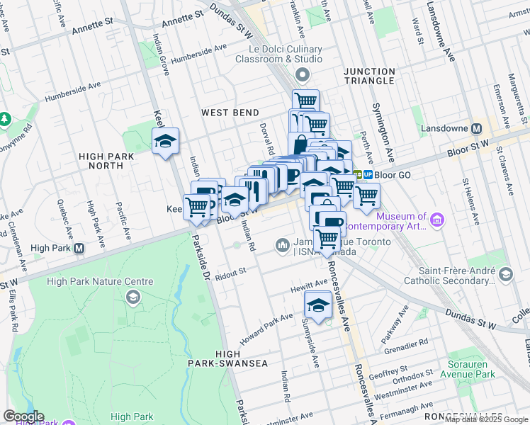 map of restaurants, bars, coffee shops, grocery stores, and more near in Toronto