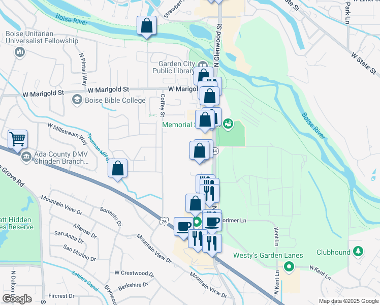 map of restaurants, bars, coffee shops, grocery stores, and more near 5609 North Glenwood Street in Garden City
