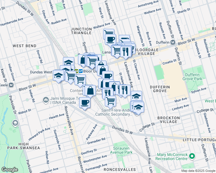 map of restaurants, bars, coffee shops, grocery stores, and more near 225 Sterling Road in Toronto