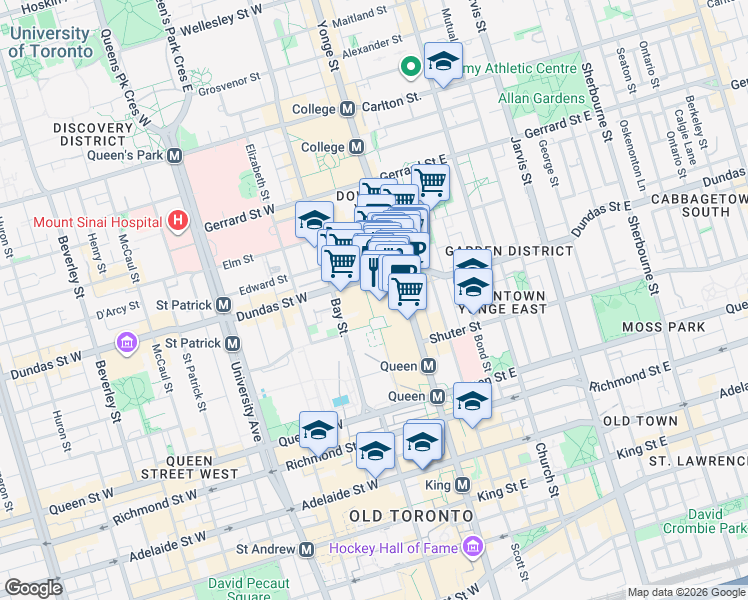 map of restaurants, bars, coffee shops, grocery stores, and more near 33 Dundas Street West in Toronto