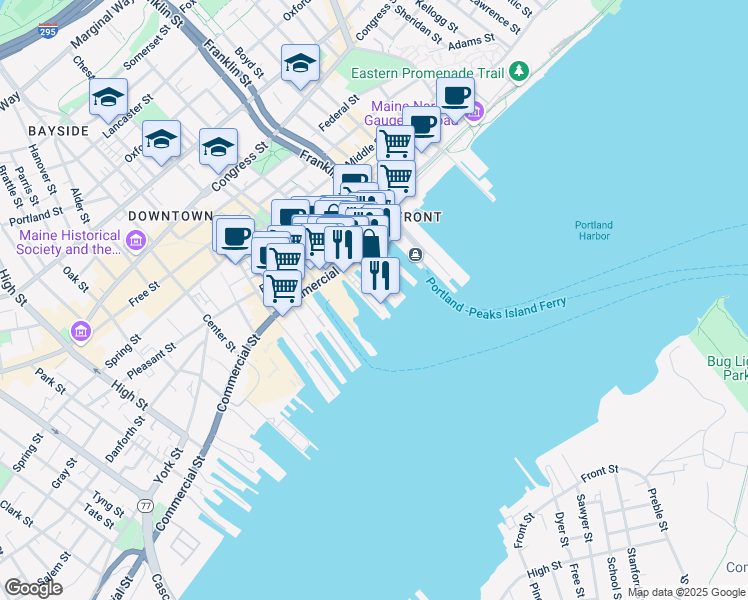 map of restaurants, bars, coffee shops, grocery stores, and more near 46 Custom House Wharf in Portland