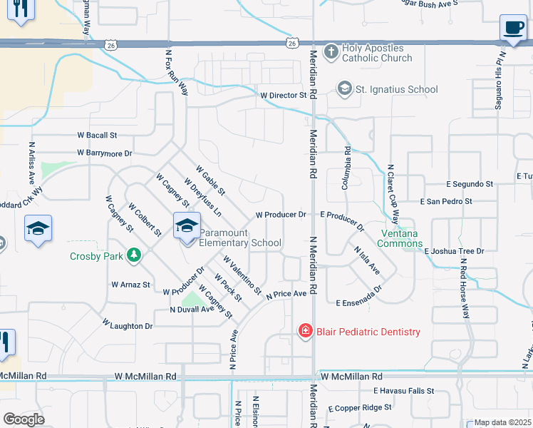 map of restaurants, bars, coffee shops, grocery stores, and more near North Mitchum Avenue in Meridian