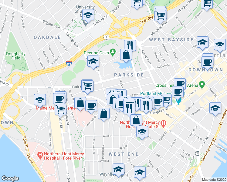 map of restaurants, bars, coffee shops, grocery stores, and more near 123 Sherman Street in Portland