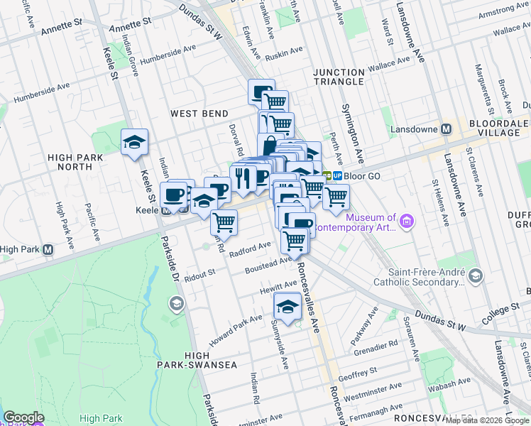 map of restaurants, bars, coffee shops, grocery stores, and more near 62 Alhambra Avenue in Toronto