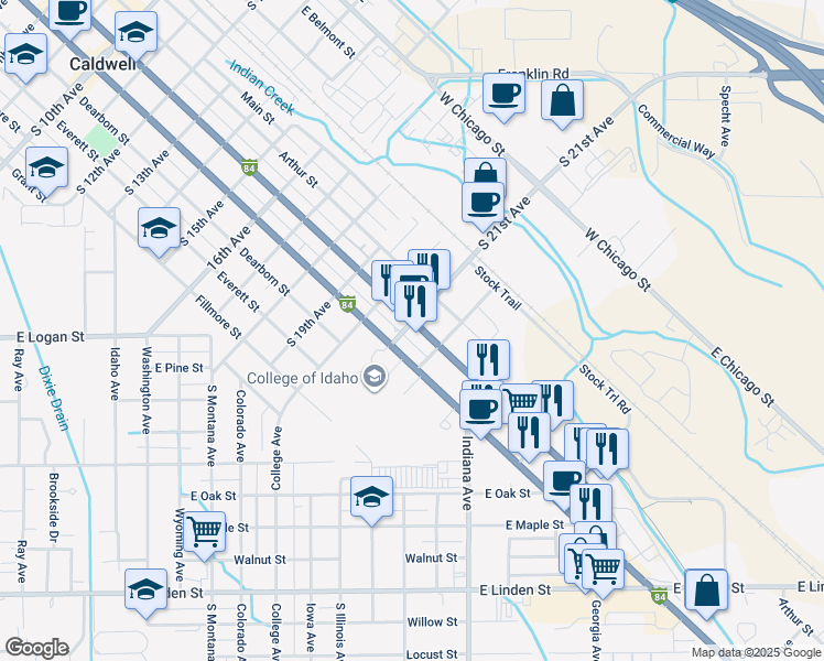 map of restaurants, bars, coffee shops, grocery stores, and more near 2010 Interstate 84 Business Loop in Caldwell
