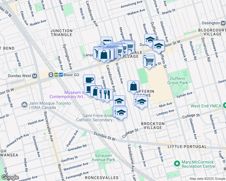 map of restaurants, bars, coffee shops, grocery stores, and more near 412 Lansdowne Avenue in Toronto