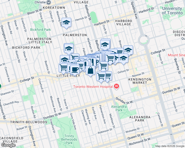 map of restaurants, bars, coffee shops, grocery stores, and more near 287 Palmerston Avenue in Toronto