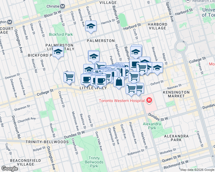 map of restaurants, bars, coffee shops, grocery stores, and more near 543 A College Street in Toronto