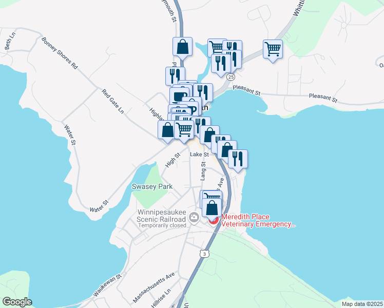 map of restaurants, bars, coffee shops, grocery stores, and more near 21 Lake Street in Meredith