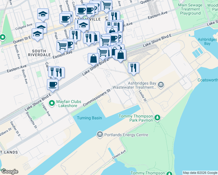 map of restaurants, bars, coffee shops, grocery stores, and more near 580 Commissioners Street in Toronto