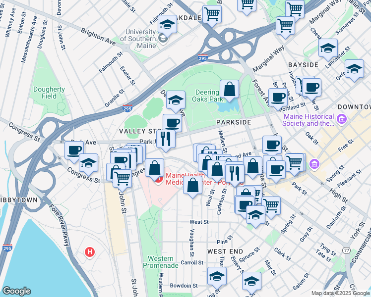 map of restaurants, bars, coffee shops, grocery stores, and more near 180 Park Street in Portland