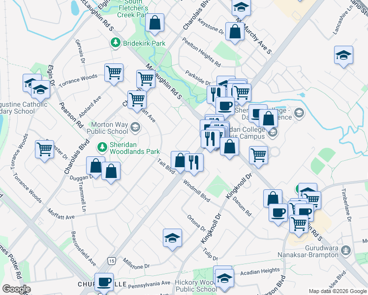 map of restaurants, bars, coffee shops, grocery stores, and more near 75 Banting Crescent in Brampton