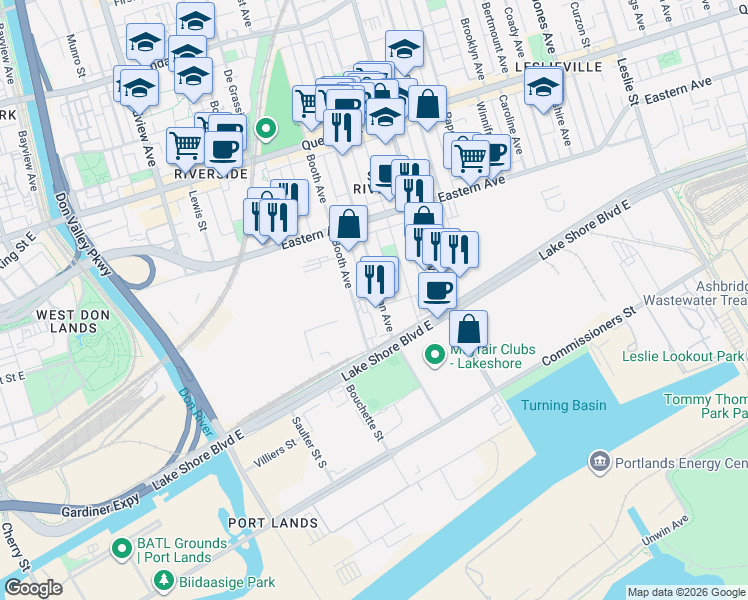 map of restaurants, bars, coffee shops, grocery stores, and more near 28B Logan Avenue in Toronto