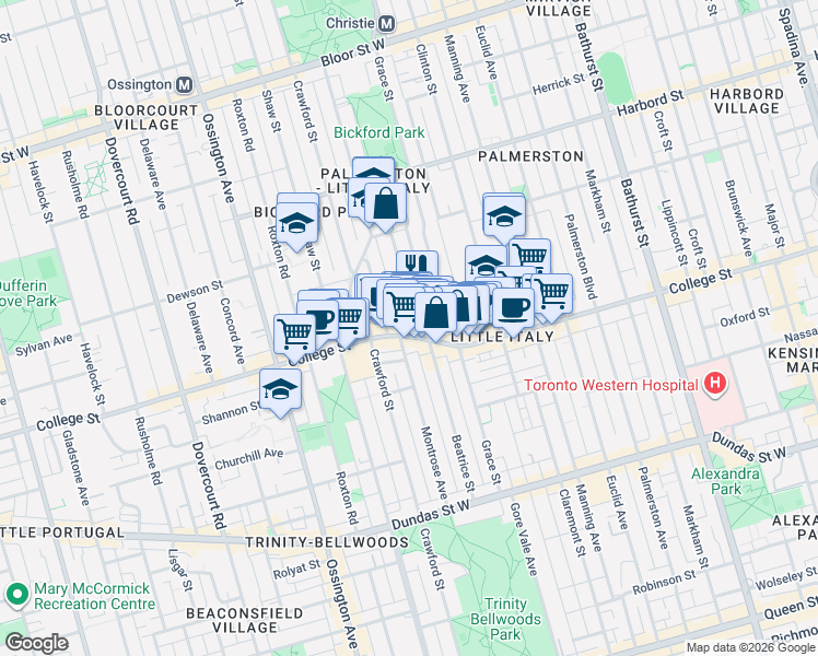 map of restaurants, bars, coffee shops, grocery stores, and more near 684 College Street in Toronto