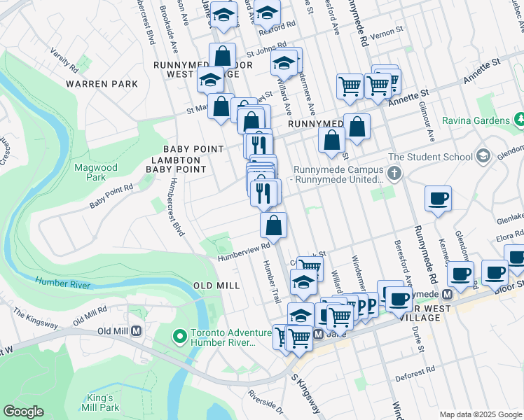 map of restaurants, bars, coffee shops, grocery stores, and more near 2 Harshaw Avenue in Toronto