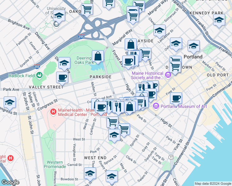 map of restaurants, bars, coffee shops, grocery stores, and more near 471 Cumberland Avenue in Portland