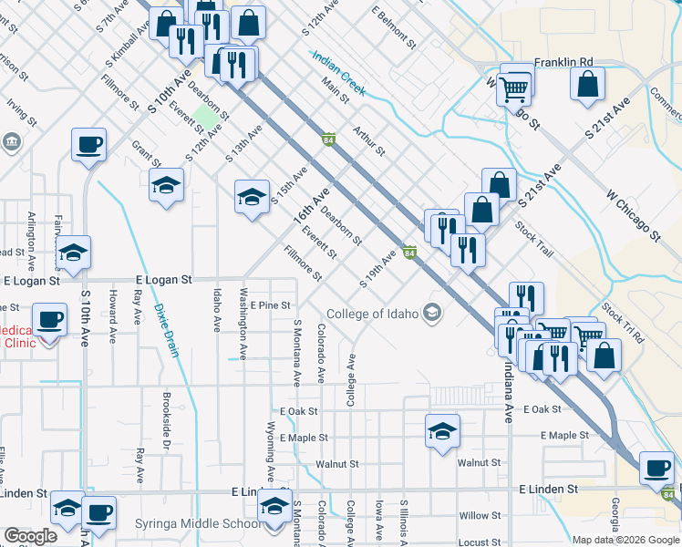 map of restaurants, bars, coffee shops, grocery stores, and more near 1804 Everett Street in Caldwell