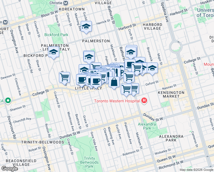 map of restaurants, bars, coffee shops, grocery stores, and more near 533 College Street in Toronto