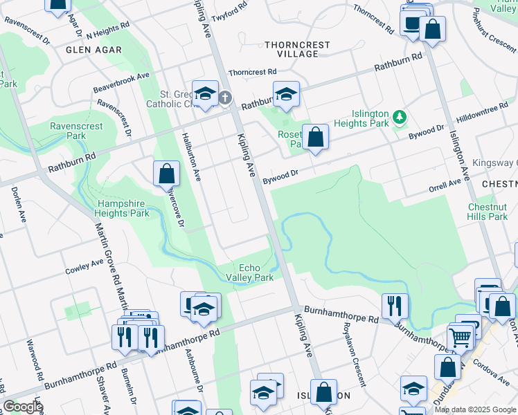 map of restaurants, bars, coffee shops, grocery stores, and more near 1162 Kipling Avenue in Toronto